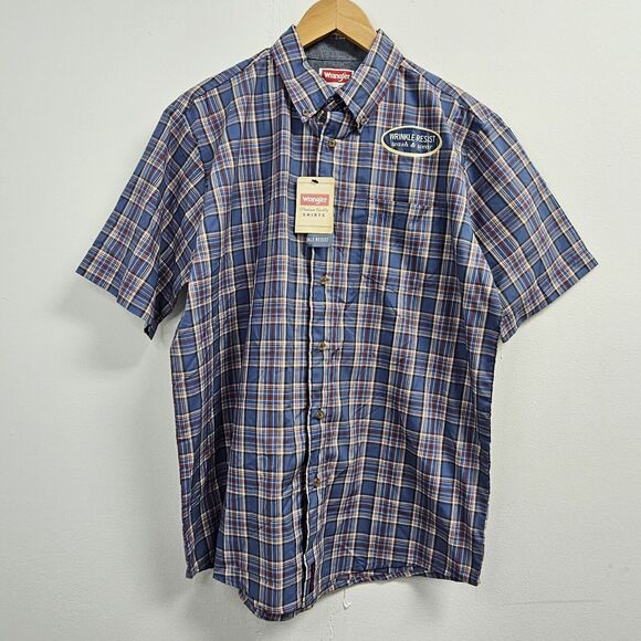 Wrangler Shirt Men's Medium Blue Plaid Button Up Collard - Picture 1 of 11
